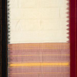 White Handloom Korvai Kanchi Cotton Saree With Contrast Temple Border