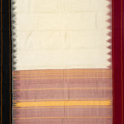 White Handloom Korvai Kanchi Cotton Saree With Contrast Temple Border