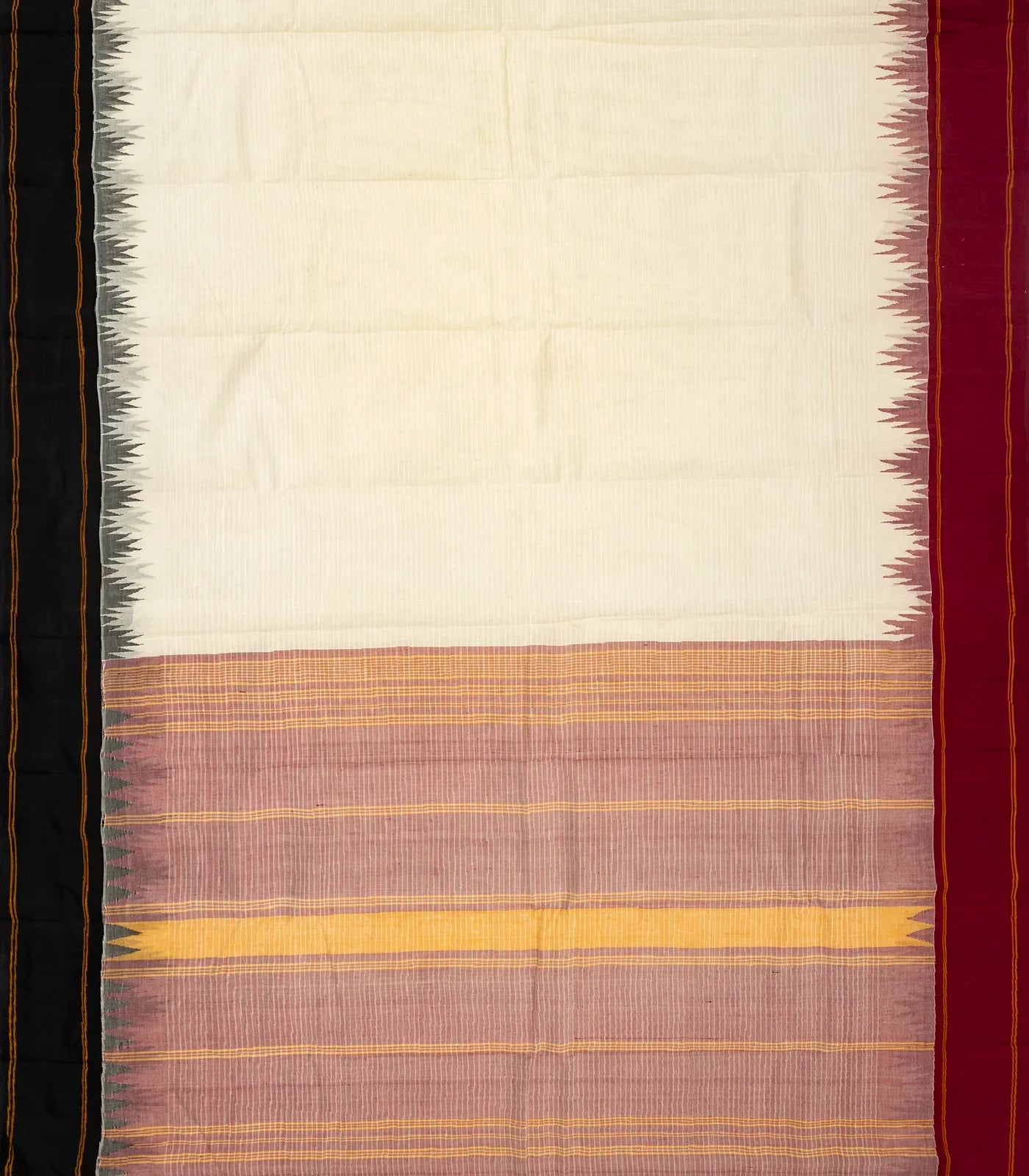 White Handloom Korvai Kanchi Cotton Saree With Contrast Temple Border