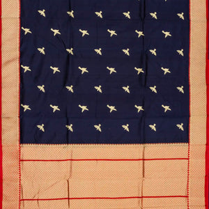 Midnight Blue Handloom Banarasi Silk Saree With Bird Buttas & Contrast Border
