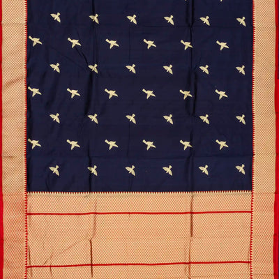 Midnight Blue Handloom Banarasi Silk Saree With Bird Buttas & Contrast Border