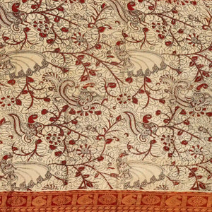 Taupe Handloom Kalamkari Cotton Saree With Printed Annam Vine Motifs