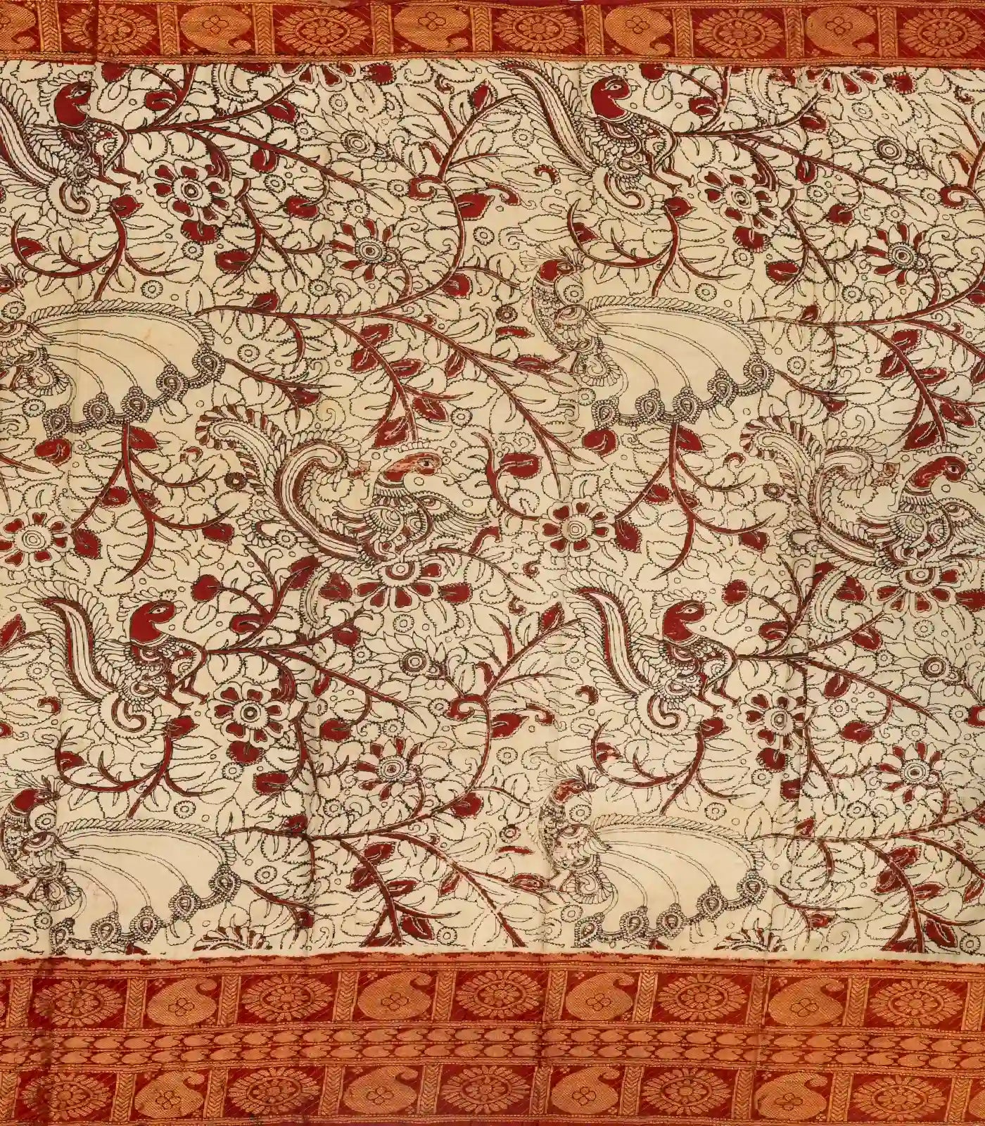 Taupe Handloom Kalamkari Cotton Saree With Printed Annam Vine Motifs
