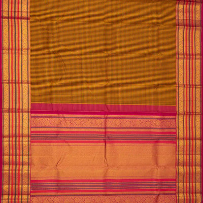 Mustard Handloom Kanchipuram Korvai Silk Saree With Checks