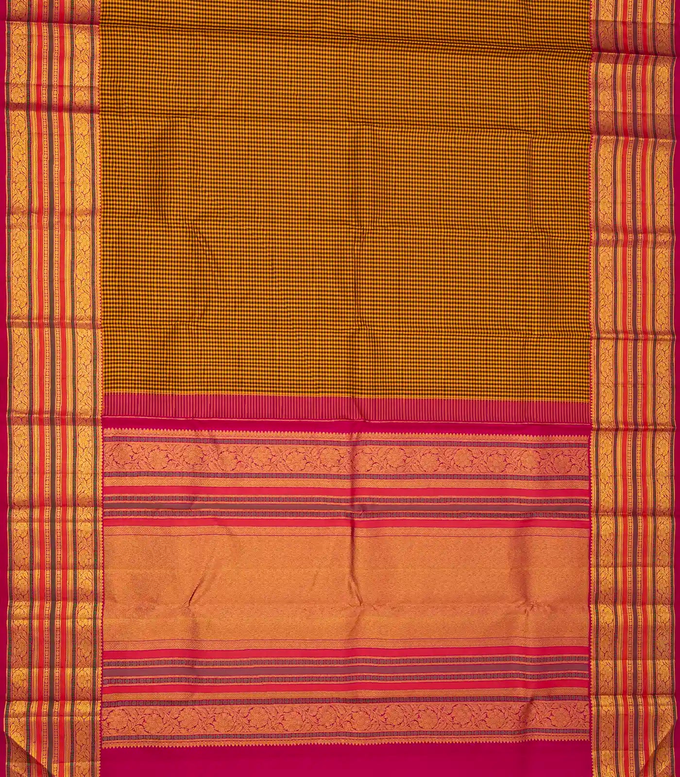 Mustard Handloom Kanchipuram Korvai Silk Saree With Checks