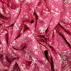 Bubble-gum Pink Handloom Tussar Silk Saree Printed With Animal Motifs