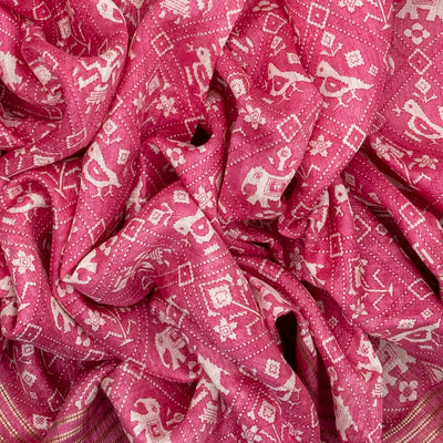 Bubble-gum Pink Handloom Tussar Silk Saree Printed With Animal Motifs