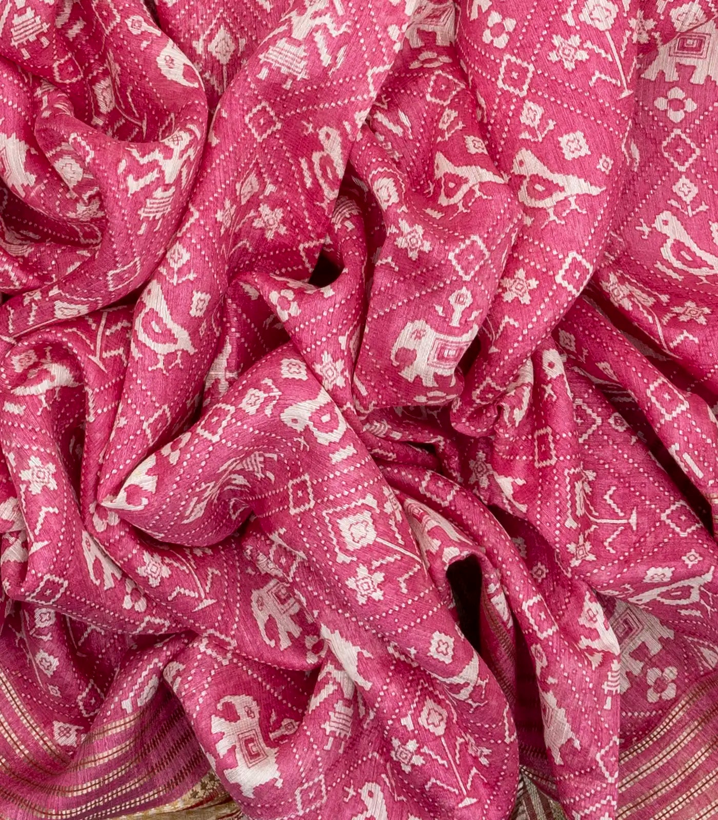 Bubble-gum Pink Handloom Tussar Silk Saree Printed With Animal Motifs