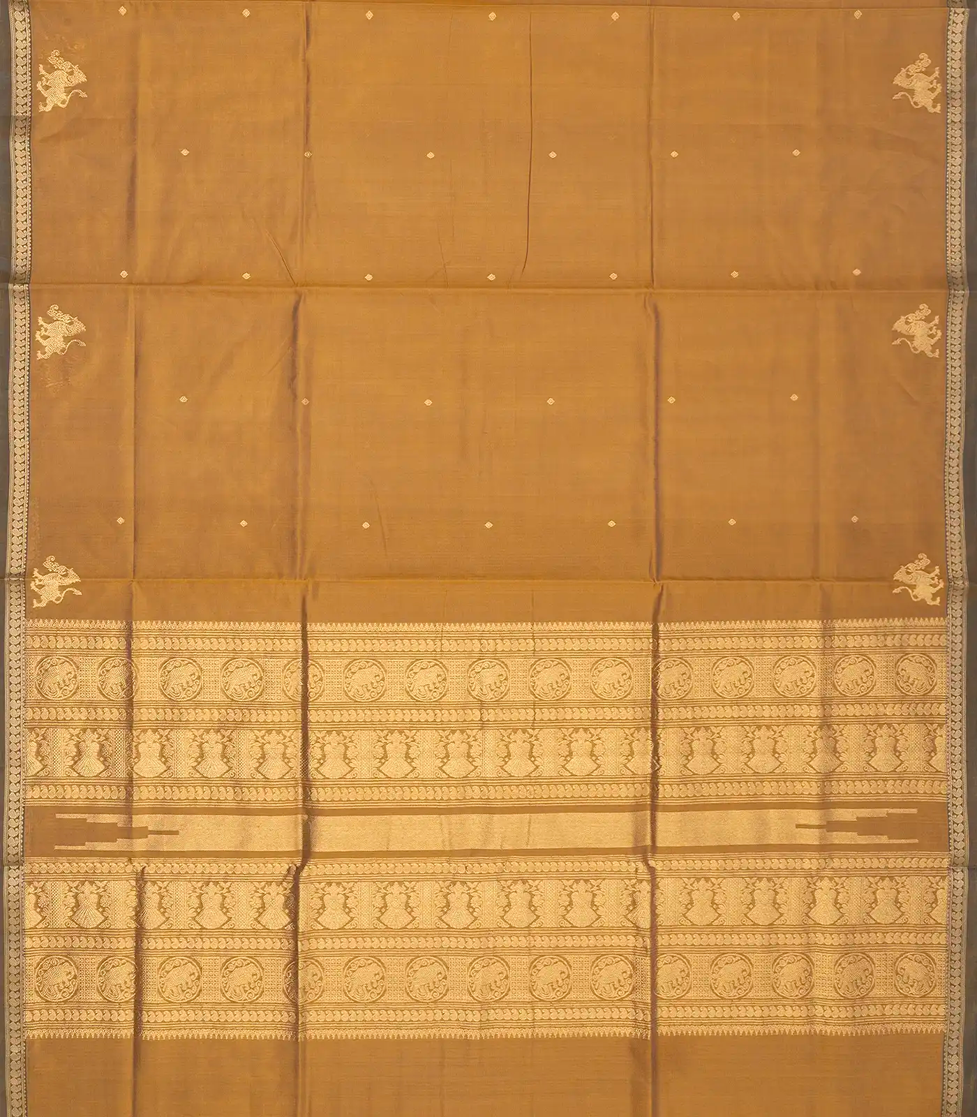 Beige Handloom Silk Cotton Saree With Yazhi Buttas