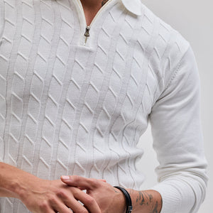 White Zipper Knitted Polo T-Shirt