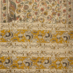 Taupe Cotton Saree With Mustard Kalamkari Print