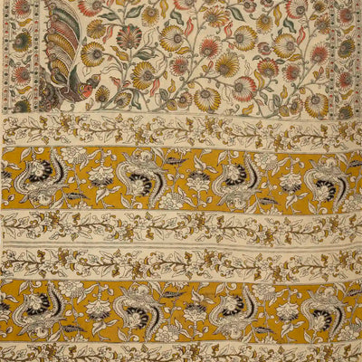 Taupe Cotton Saree With Mustard Kalamkari Print
