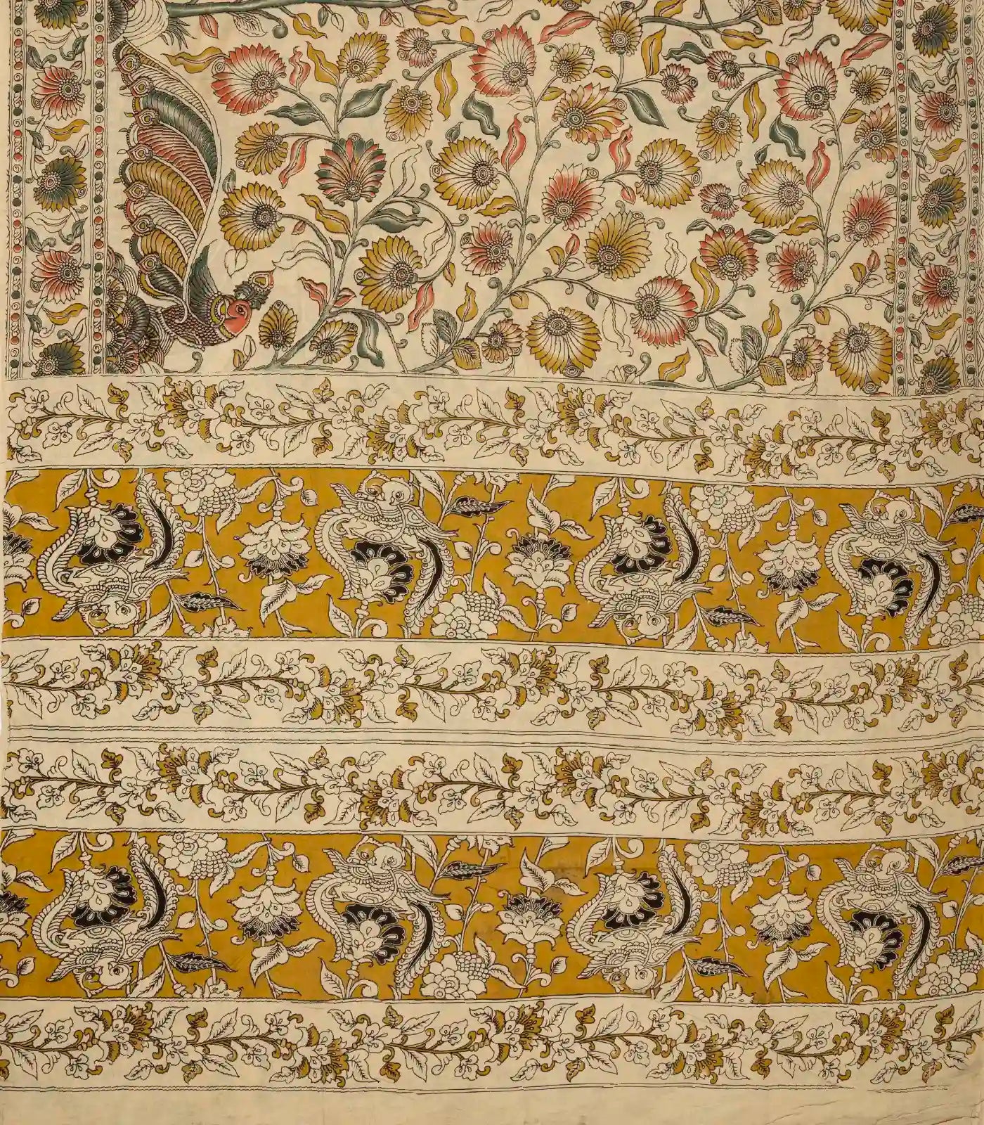 Taupe Cotton Saree With Mustard Kalamkari Print