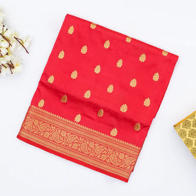 Red Banarasi Silk Saree With Floral Zari Buttas