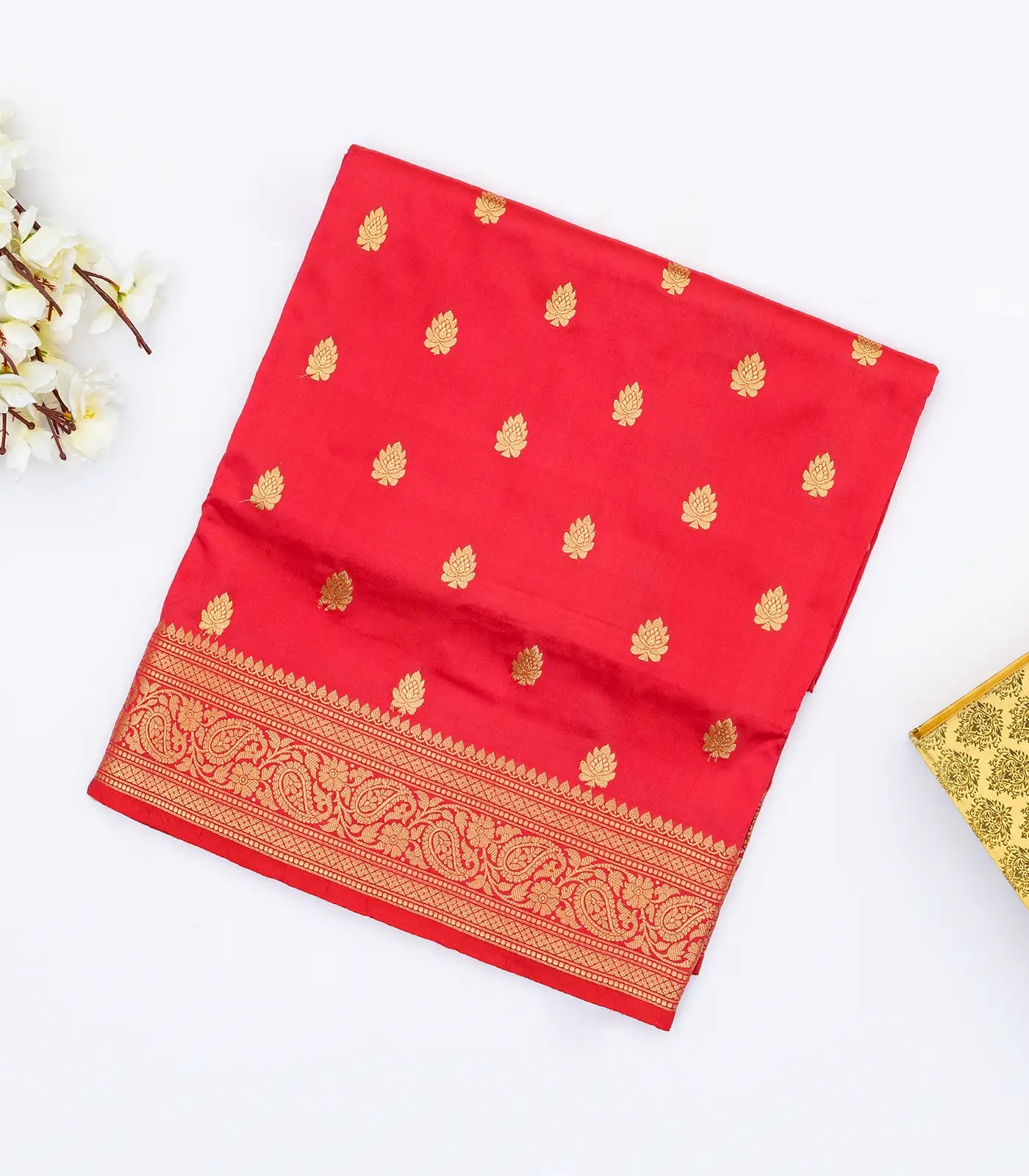 Red Banarasi Silk Saree With Floral Zari Buttas