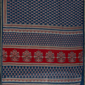 Indigo Woven Jaipur Cotton Saree With Printed Brown Floral Motifs