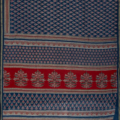 Indigo Woven Jaipur Cotton Saree With Printed Brown Floral Motifs