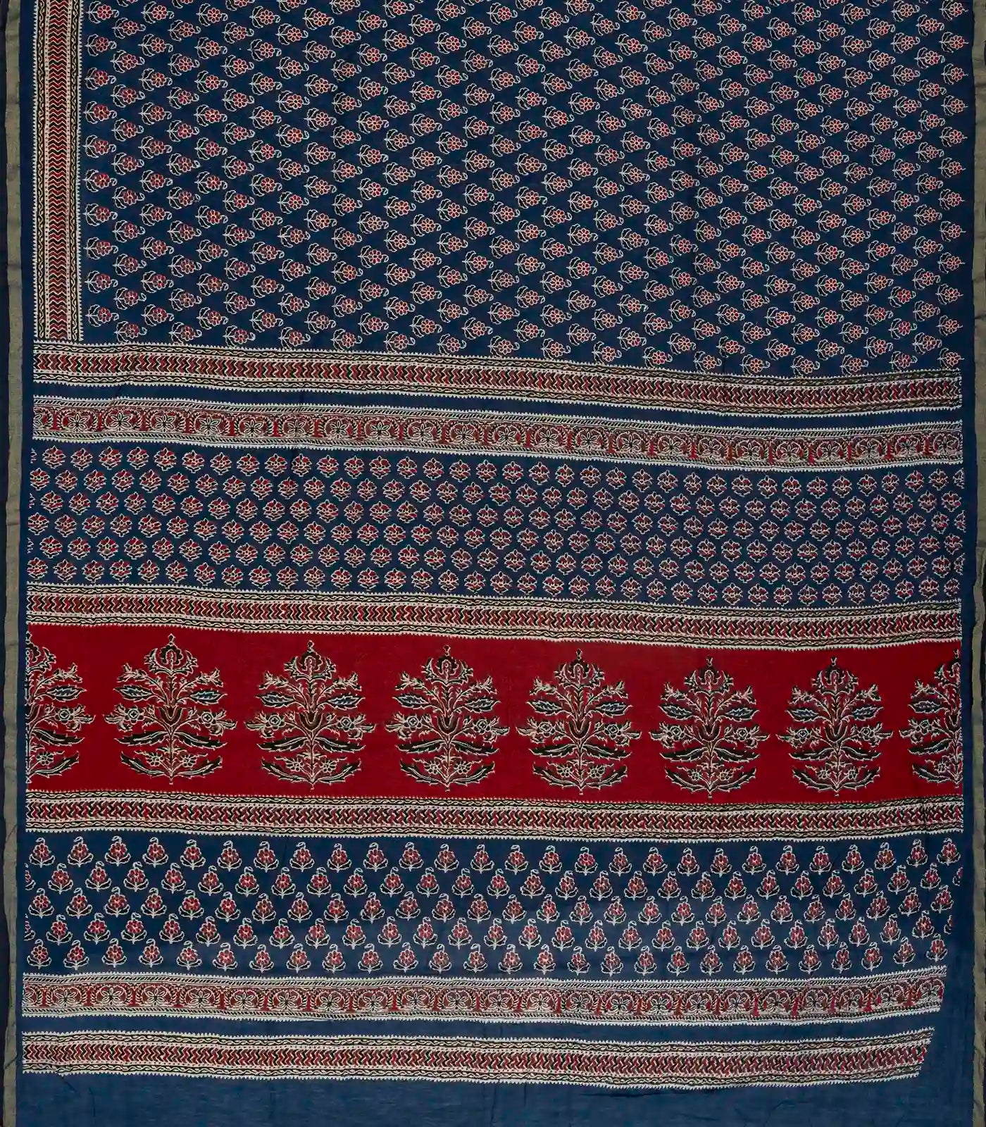 Indigo Woven Jaipur Cotton Saree With Printed Brown Floral Motifs