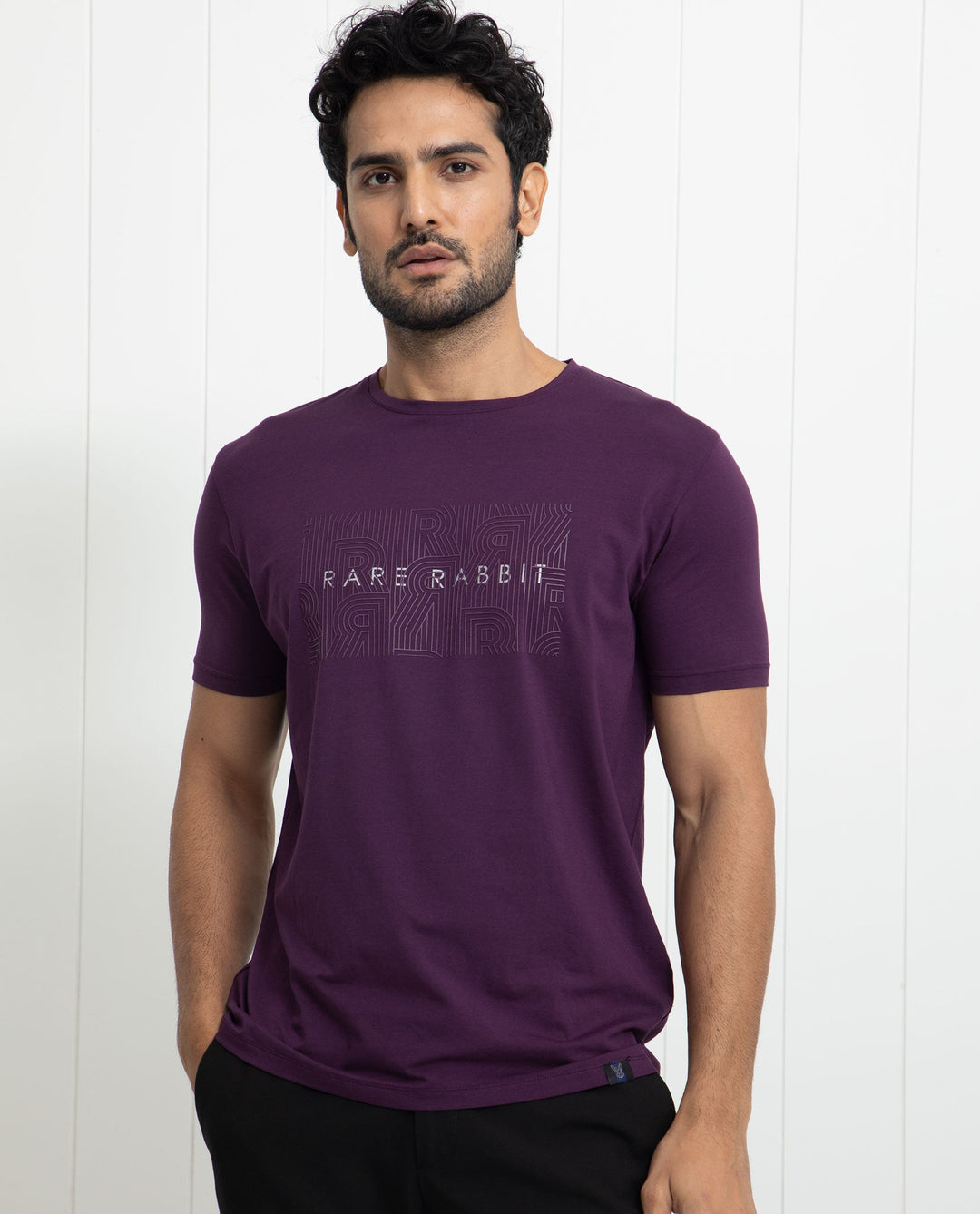 Rare Rabbit Men's Alanet Purple Crew Neck Foil HD Print Branding Half Sleeves Regular Fit T-Shirt