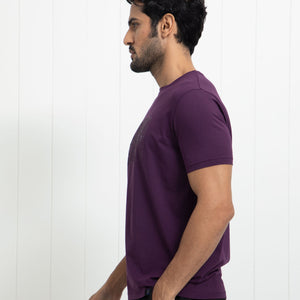 Rare Rabbit Men's Alanet Purple Crew Neck Foil HD Print Branding Half Sleeves Regular Fit T-Shirt