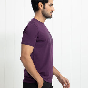 Rare Rabbit Men's Alanet Purple Crew Neck Foil HD Print Branding Half Sleeves Regular Fit T-Shirt