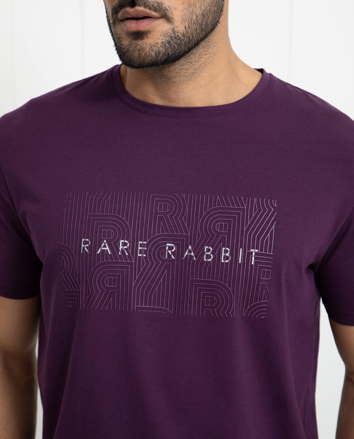 Rare Rabbit Men's Alanet Purple Crew Neck Foil HD Print Branding Half Sleeves Regular Fit T-Shirt