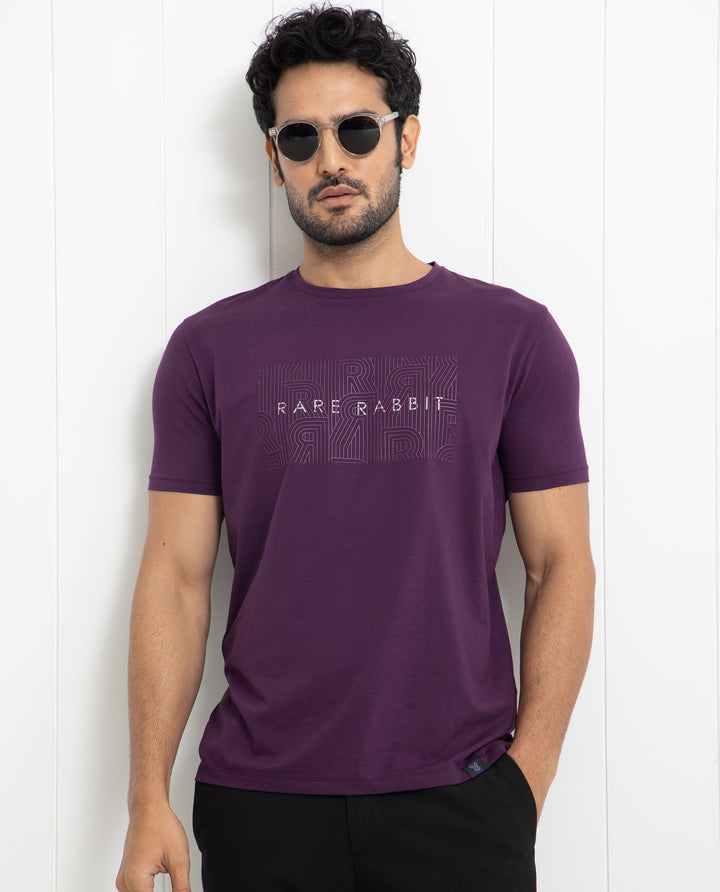 Rare Rabbit Men's Alanet Purple Crew Neck Foil HD Print Branding Half Sleeves Regular Fit T-Shirt