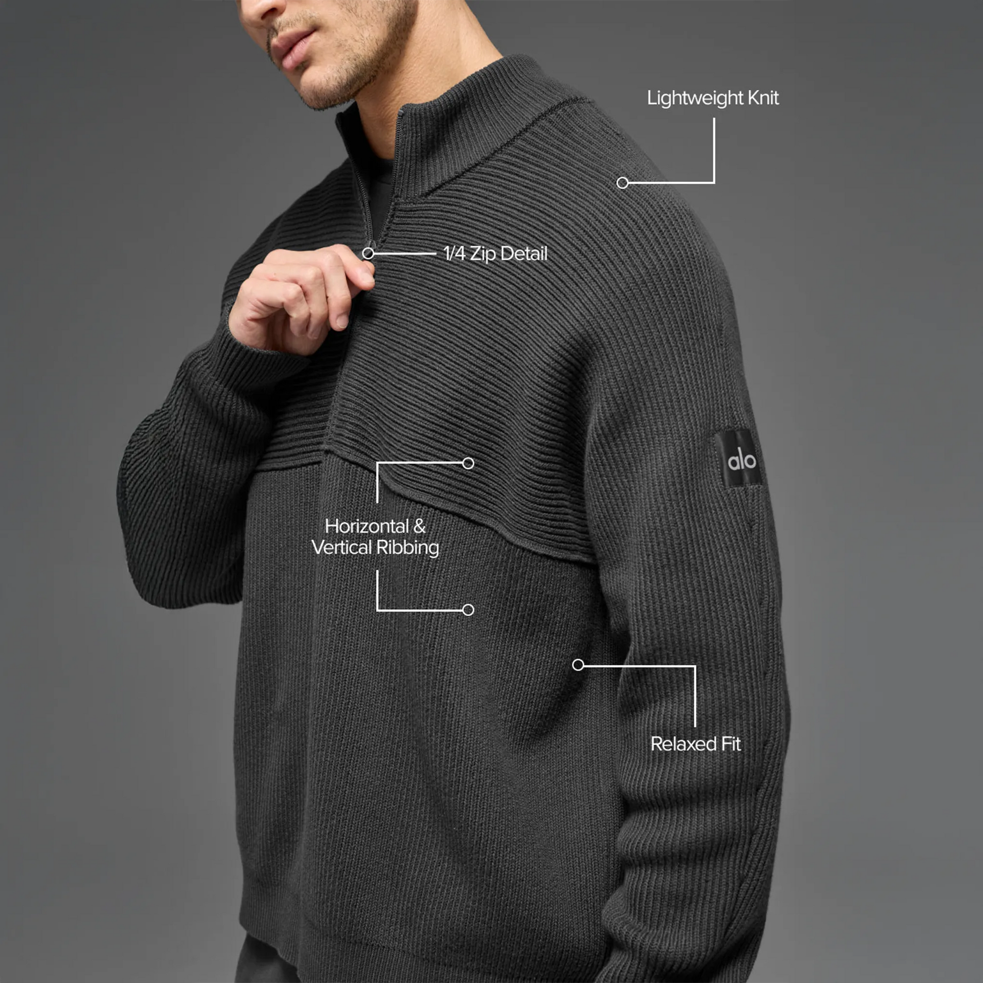 Alo Yoga Domain Shift Rib Knit 1/4 Zip Anthracite Sweatshirt