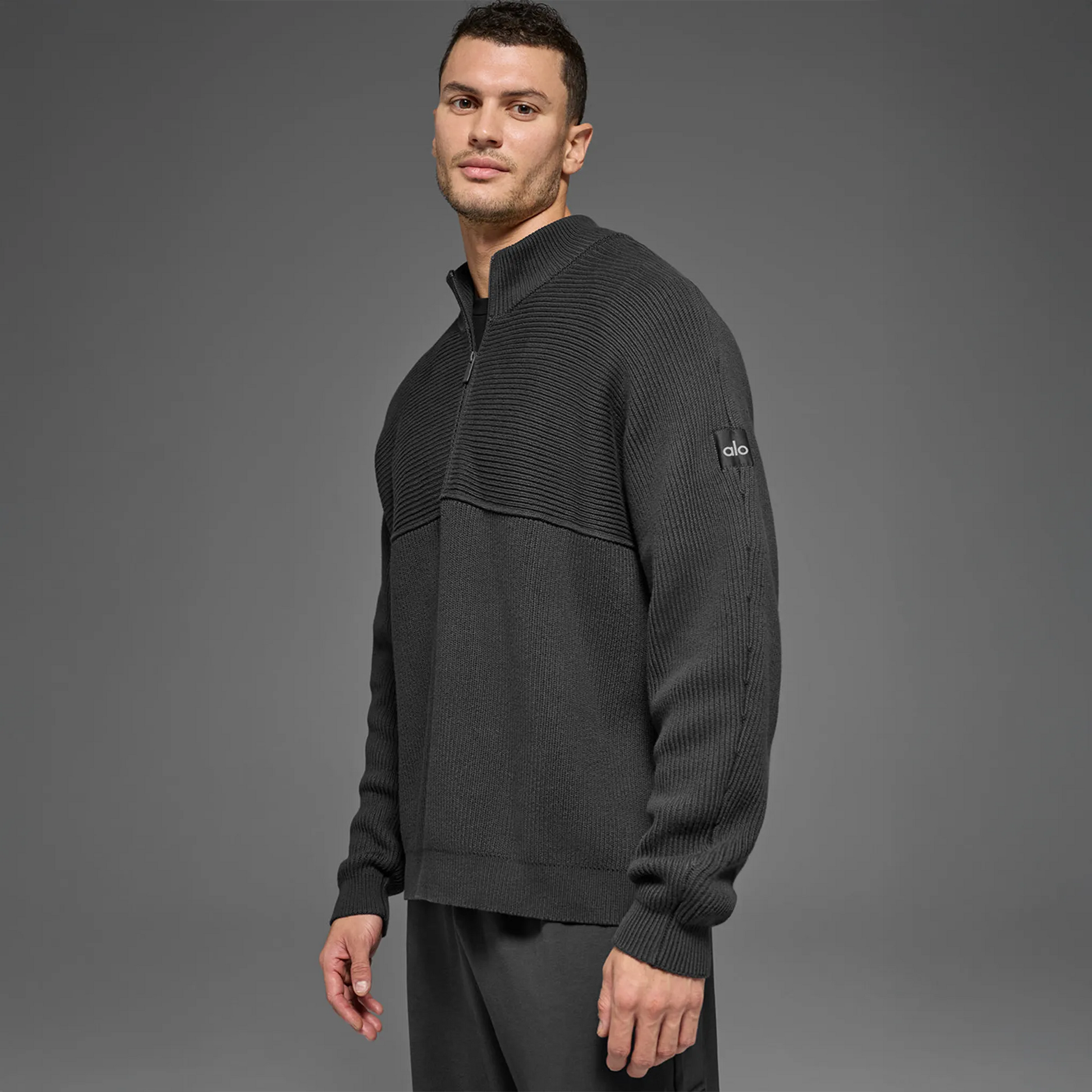 Alo Yoga Domain Shift Rib Knit 1/4 Zip Anthracite Sweatshirt