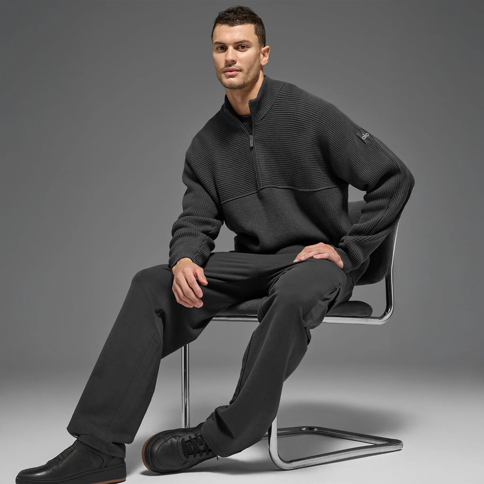 Alo Yoga Domain Shift Rib Knit 1/4 Zip Anthracite Sweatshirt