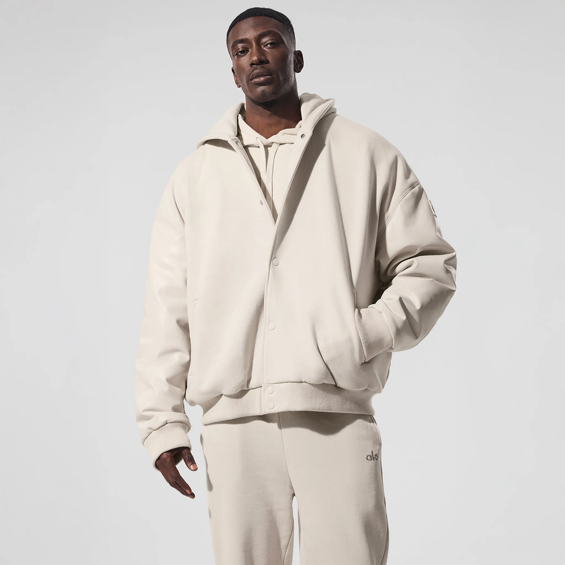 Alo Yoga Select Hooded Bone Bomber Jacket