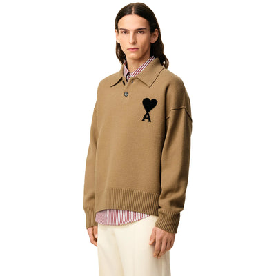 Ami Paris Ami De Coeur Knitted Tan Polo Sweatshirt