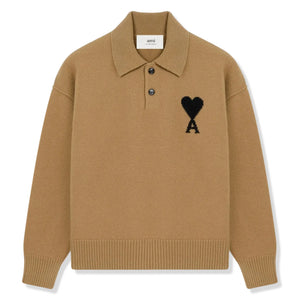 Ami Paris Ami De Coeur Knitted Tan Polo Sweatshirt