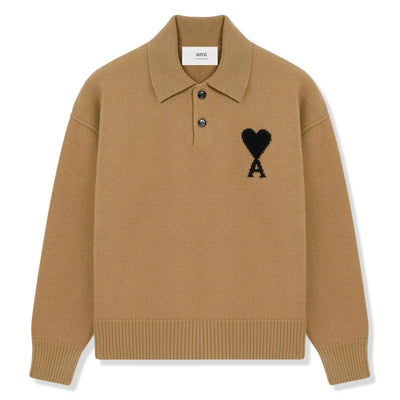 Ami Paris Ami De Coeur Knitted Tan Polo Sweatshirt