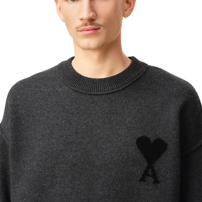 Ami Paris Ami De Coeur Wool Heather Grey Black Crewneck Sweater