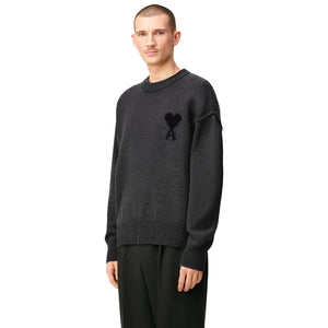 Ami Paris Ami De Coeur Wool Heather Grey Black Crewneck Sweater