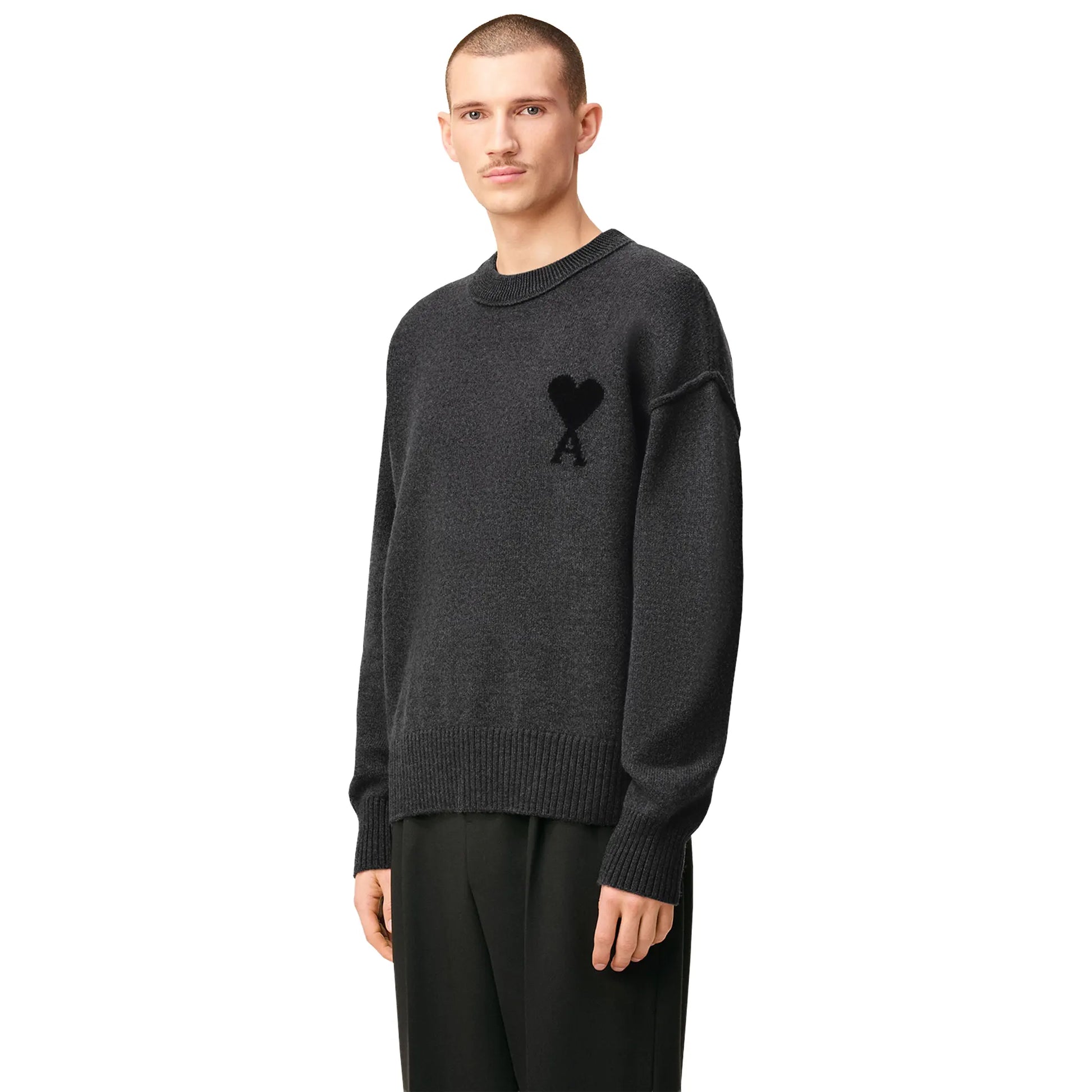 Ami Paris Ami De Coeur Wool Heather Grey Black Crewneck Sweater