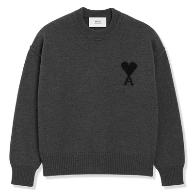 Ami Paris Ami De Coeur Wool Heather Grey Black Crewneck Sweater