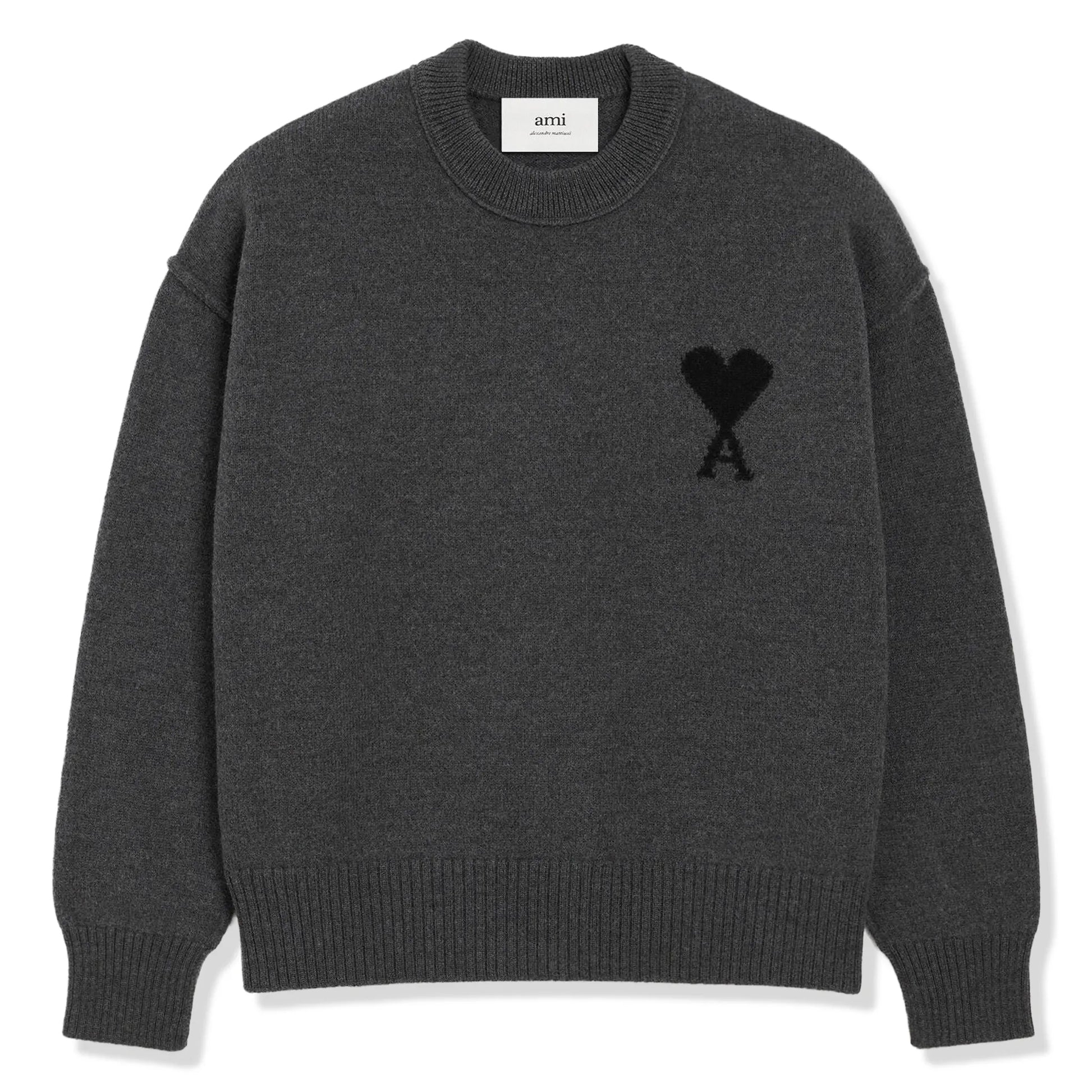 Ami Paris Ami De Coeur Wool Heather Grey Black Crewneck Sweater