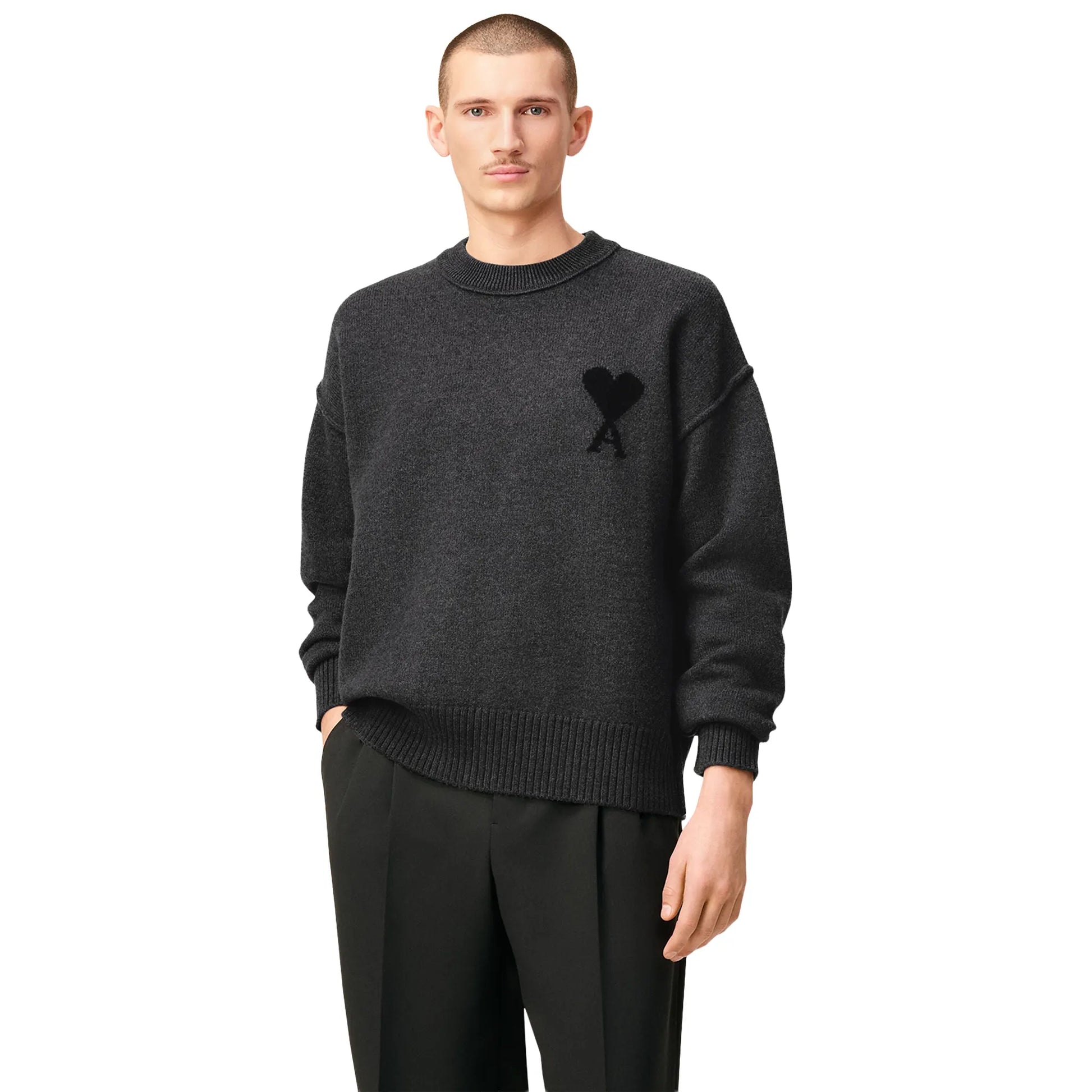 Ami Paris Ami De Coeur Wool Heather Grey Black Crewneck Sweater