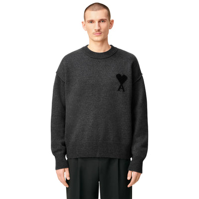 Ami Paris Ami De Coeur Wool Heather Grey Black Crewneck Sweater