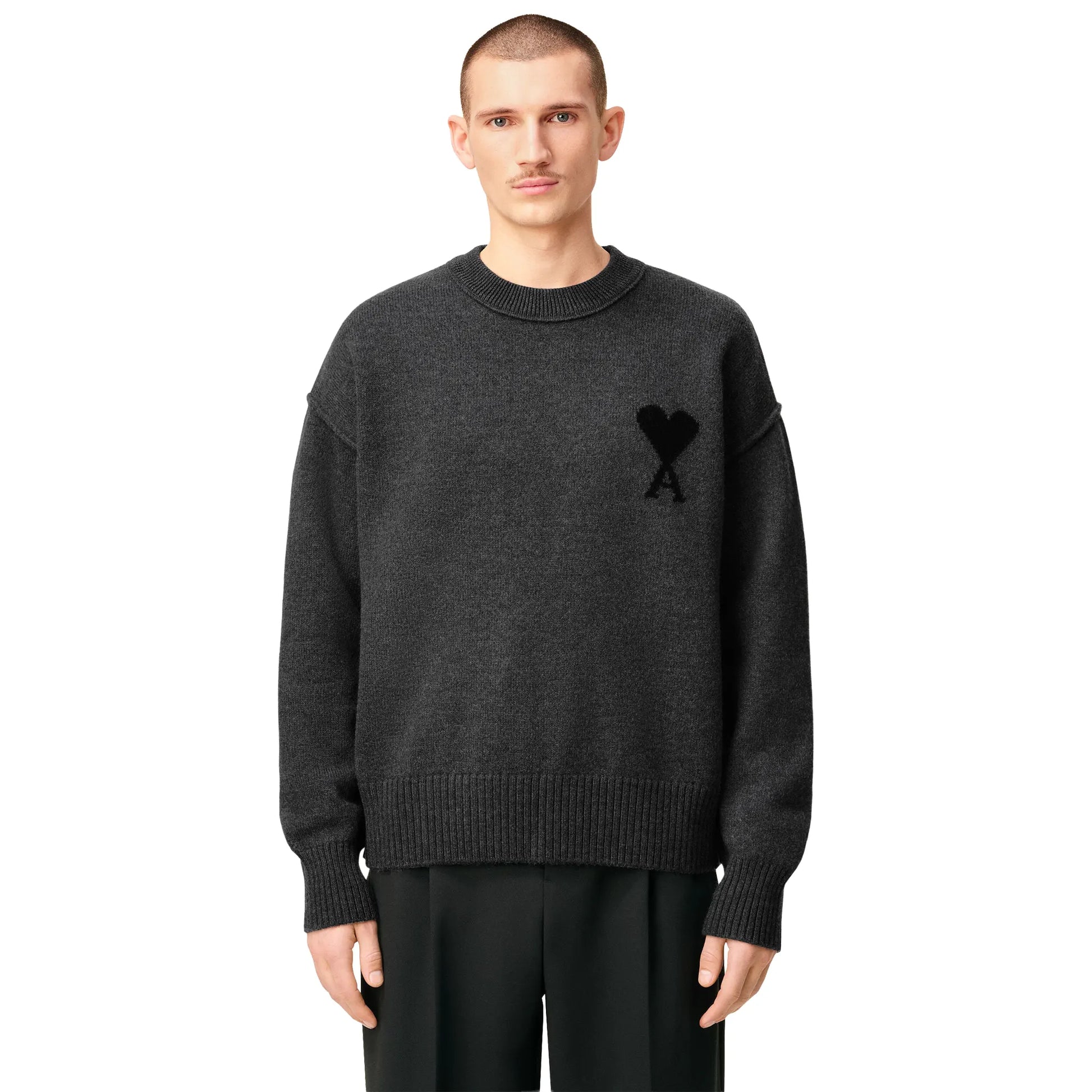 Ami Paris Ami De Coeur Wool Heather Grey Black Crewneck Sweater