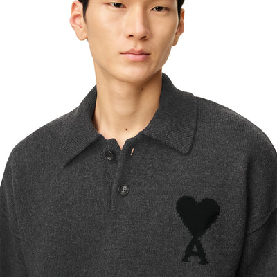 Ami Paris Ami De Coeur Wool Heather Grey Black Polo Sweatshirt