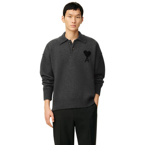 Ami Paris Ami De Coeur Wool Heather Grey Black Polo Sweatshirt