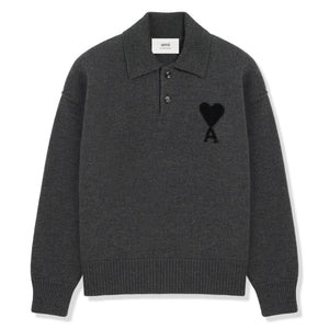 Ami Paris Ami De Coeur Wool Heather Grey Black Polo Sweatshirt