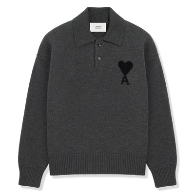Ami Paris Ami De Coeur Wool Heather Grey Black Polo Sweatshirt