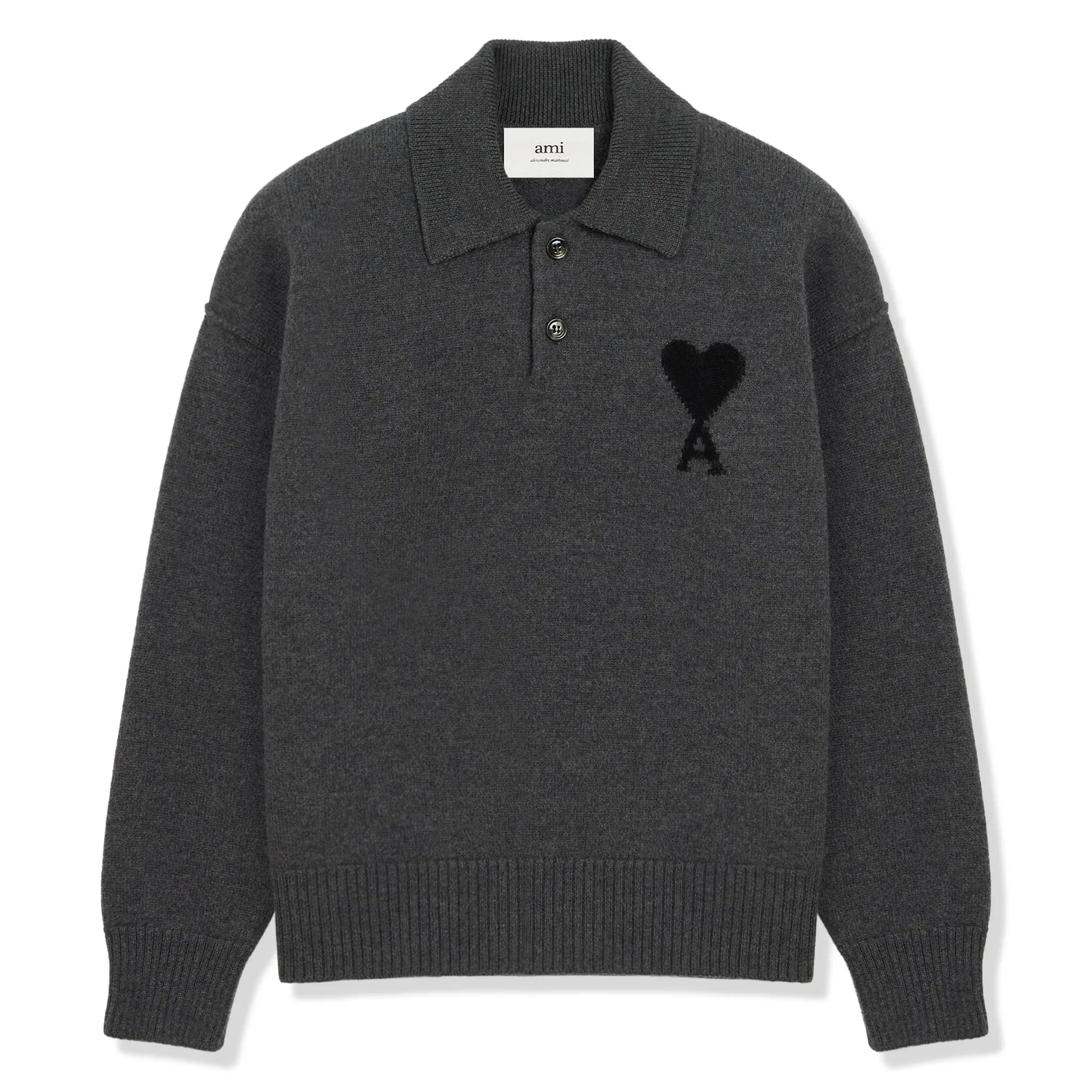 Ami Paris Ami De Coeur Wool Heather Grey Black Polo Sweatshirt