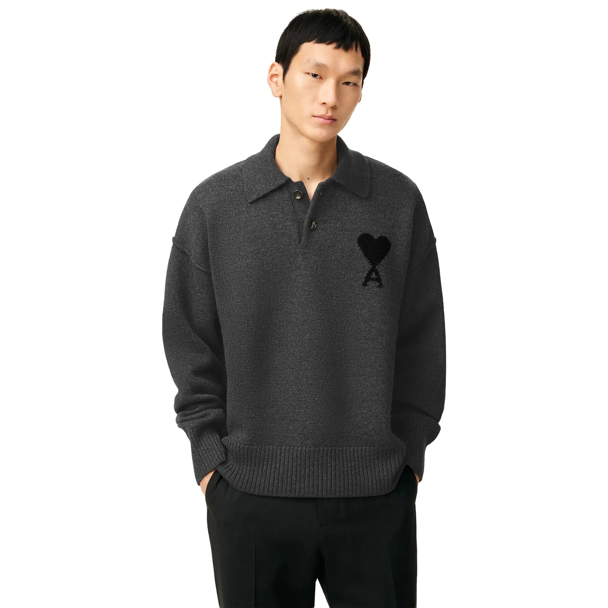 Ami Paris Ami De Coeur Wool Heather Grey Black Polo Sweatshirt