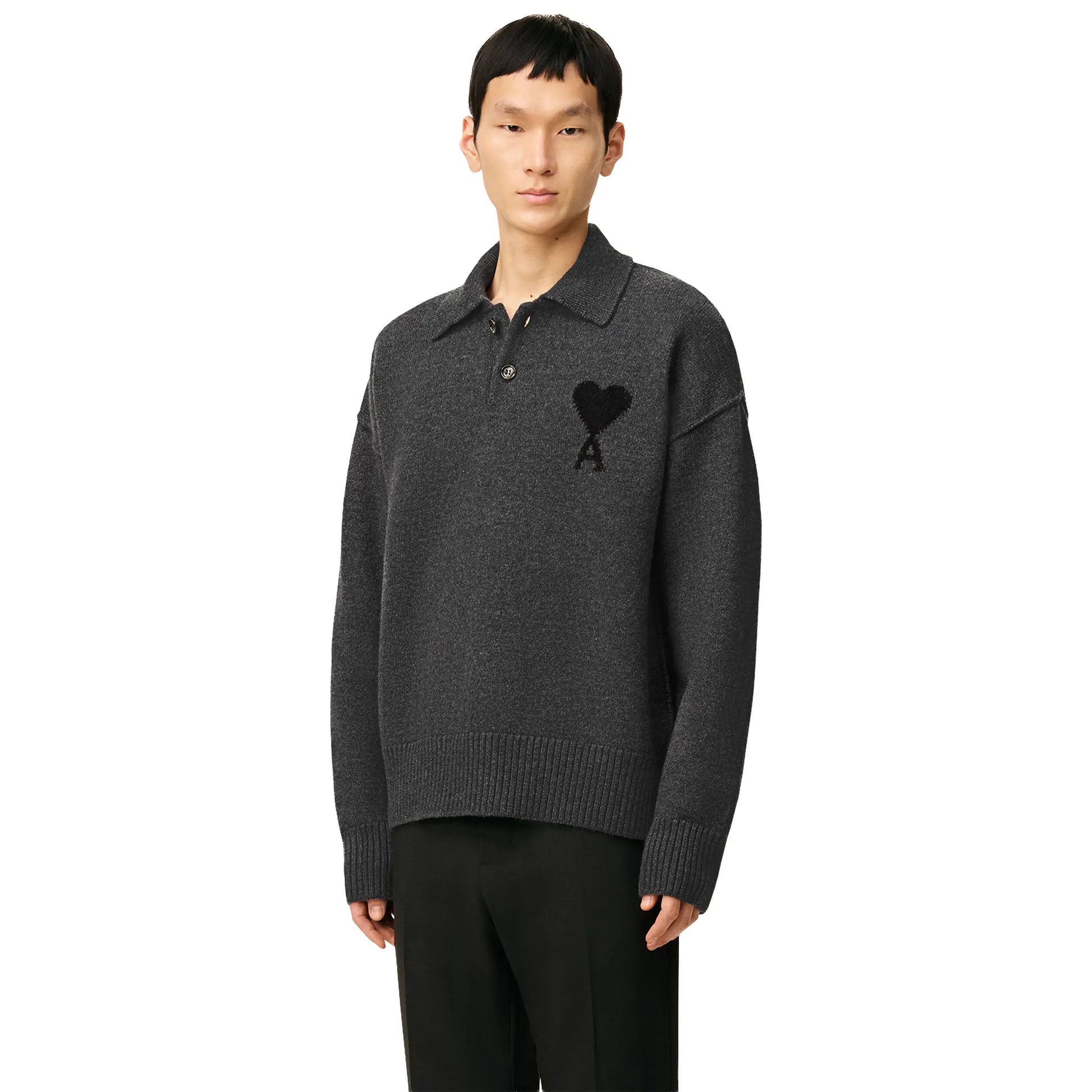 Ami Paris Ami De Coeur Wool Heather Grey Black Polo Sweatshirt