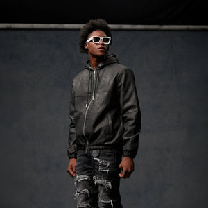 Amicci Rafel Leder Hooded Washed Black Jacket